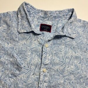UNTUCKit Terlan 100% Linen Mens XL Blue Leaf Print Short Sleeve Shirt vacation